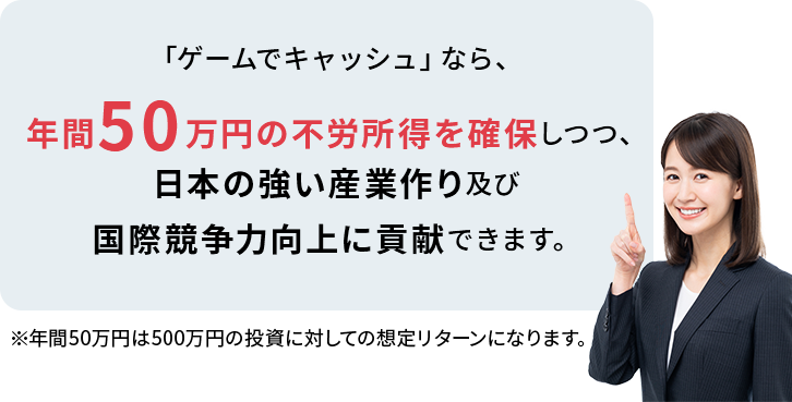 「ゲームでキャッシュ」なら、年間50万円の不労所得を確保しつつ、日本の強い産業作り及び国際競争力向上に貢献できます。